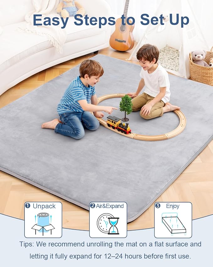 Thick Baby Play Mat for Floor,Padded Foam 59x39 Tummy Time Mat,Ultra Soft Support&Plush Feel Bedside Rugs,Non Slip for Toddler,Infants,Kids Play,Yoga,Baby Crawling (Light Grey)