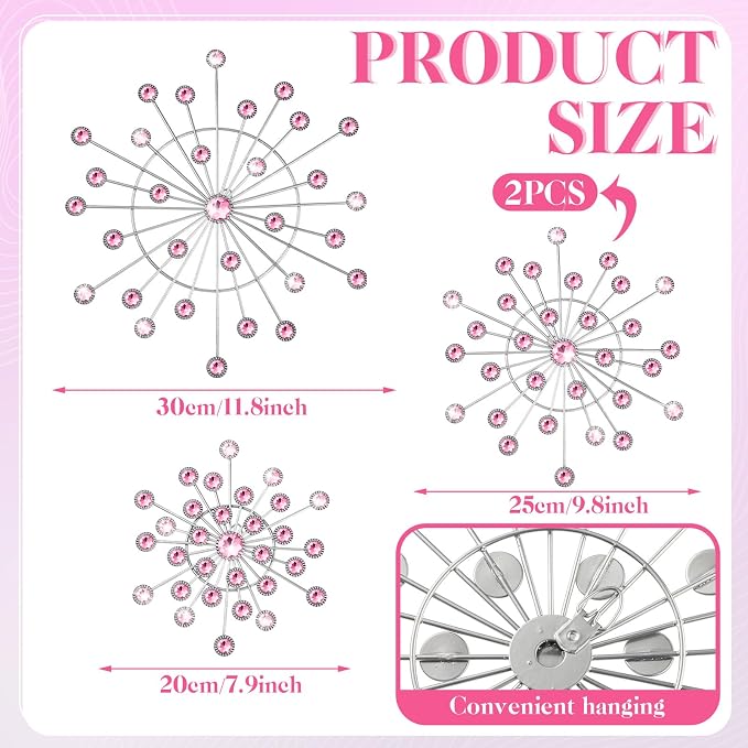 Blulu 4 Pcs Pink Metal Wall Decor Bling Crystal Wall Art Cast Iron Rhinestones Sunburst Decor Starburst Art Hanging Diamond Accents Decorative for Living Room Bedroom Entryway