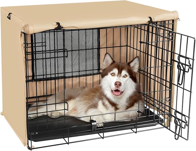 Seiyierr Dog Crate Cover - Kennel Cover Fit for 30 Inch, Double Door Polyester Crate Cover for Wire Dog Crate Indoor Outdoor Protection, Light Tan