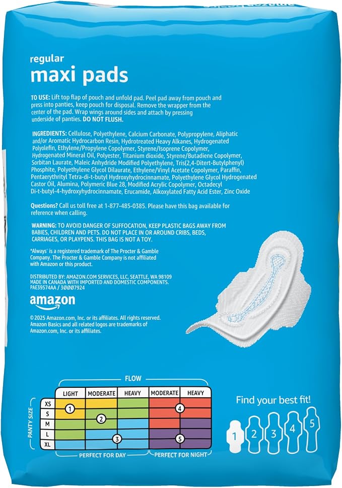 Amazon Basics Thick Maxi Pads with Wings for Periods, Regular Absorbency, Feminine Pads, Unscented, Size 1, 144 Count