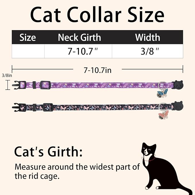 Cat Collar Breakaway, 2 Pack Cotton Kitten Collars with Bells and Removable Charms, Cute Butterfly Shaped for Indoor Boy, Girl and Adult Cats