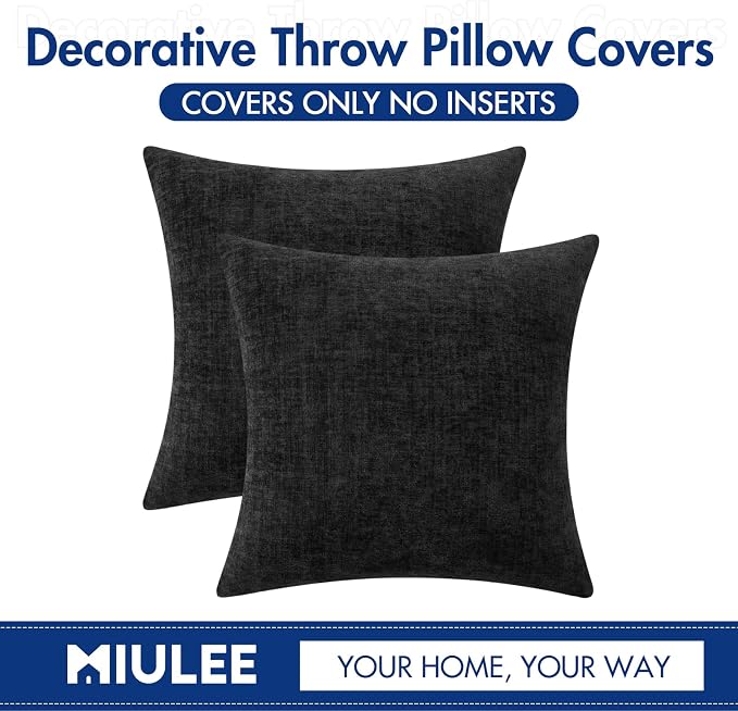 MIULEE Soft Chenille Throw Pillow Covers Black 18x18 Inch Pack of 2 | Modern Home Decor, Classic Decorative Pillows, Solid Dyed Cases, Boho Couch Cushion Covers for Sofa Bed Living Room