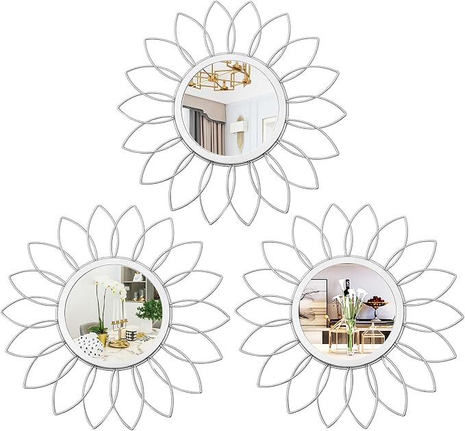 3 Pack Metal Mirrors for Wall Sunburst Wall Mirrors Home Décor Decorative Hanging Wall Art for Living Room Bedroom Entryway (Silver, Flowers)