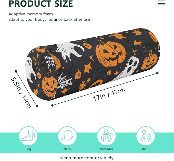 Gothic Funny Halloween Ghost and Pumpkins Neck Roll Pillow Bolster Round Health Memory Foam Long Cervical Cylinder Pillows with Removable Washable Cover for Body Bed Legs Back Yoga