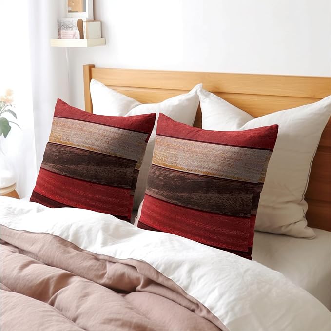 Kawani Red Wooden Throw Pillow Covers 22x22 Inches - 2 PCS Brown Farmhouse Wood Grain Cotton Linen Square Pillow Cushion Case with Hidden Zipper for Bed Couch Bedroom Living Room Decor