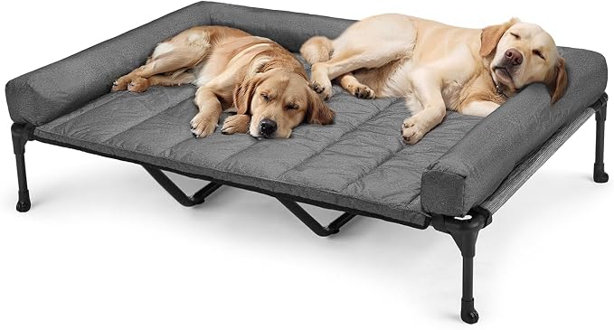 Veehoo Outdoor Elevated Dog Bed with Waterproof Bolster Cushion, Cooling | Raised Dog Bed with Removable & Washable Mat Topper, Breathable Mesh, Dog Couch Cot for Indoor Outdoor, 59", Large, Melange