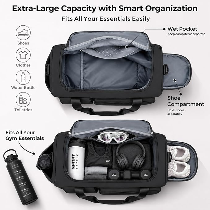 FIORETTO Women's Gym Duffle Bag with Shoes Compartment, 30L Capacity, Ideal for Travel, Gym, Sports, Duffel, Weekender