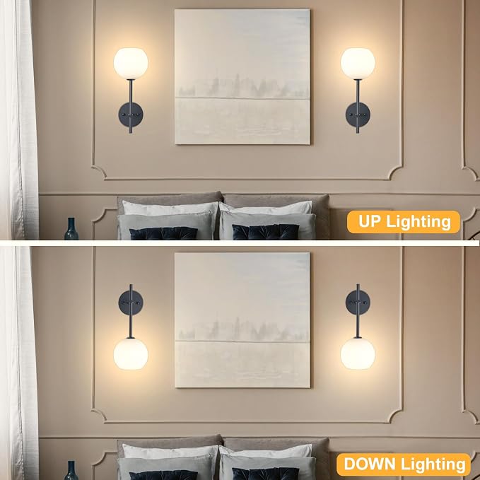 Black Battery Operated Wall Sconces Set of 2, Rechargeable Wireless Wall Lights with Milky White Frosted Glass Shade, 12 RGB and 3CCT Dimmable, Wall Lamps with Remote for Bedroom Living Room Hallway