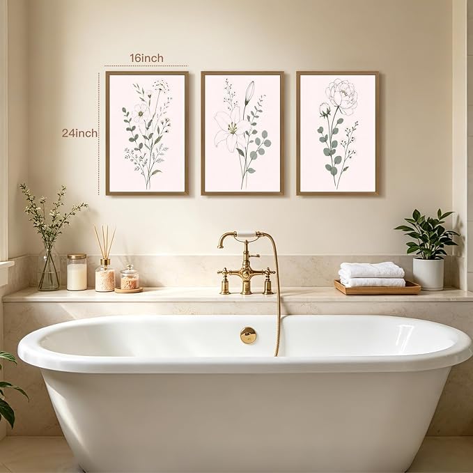 OPFDE Wood Framed Sage Green Botanical Wall Art Set of 3, Minimalist Wildflower Poster Prints, Neutral Floral Line Art Decor, Modern Farmhouse Bathroom Artwork for Living Room Bedroom 16x24 Inch