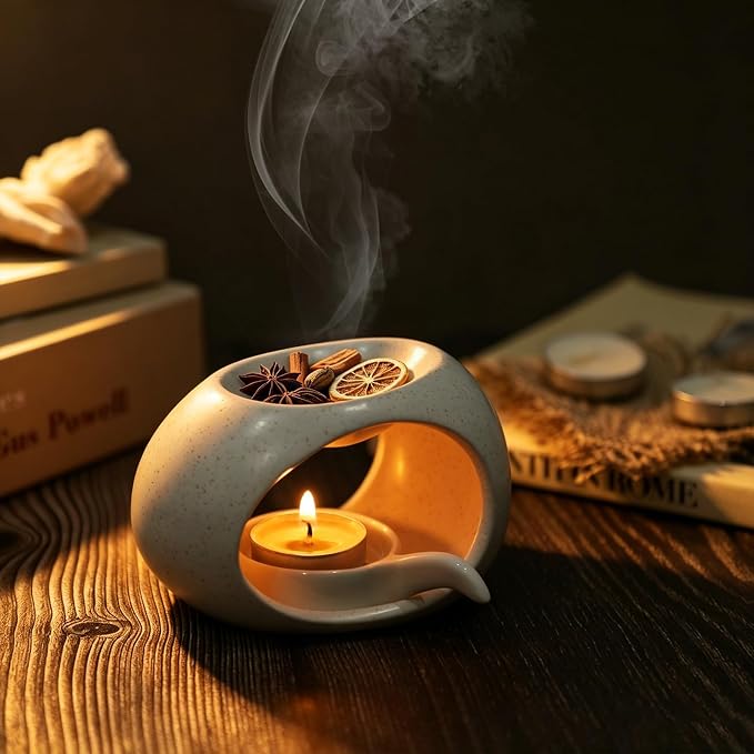 Ceramic Essential Oil Burner, Aromatherapy Oil Warmer with Tealight Candle, Incense Aroma Diffuser for Home Spa Yoga Meditation Relaxation & Room Decor White