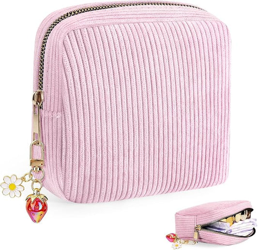 Corduroy Period Pouch with Strawberry Charm Small Discreet Sanitary Napkin Storage Bag Cute Menstrual Pad Pouch Tampon Bag for Purse Zipper Makeup Bags for Women Pink