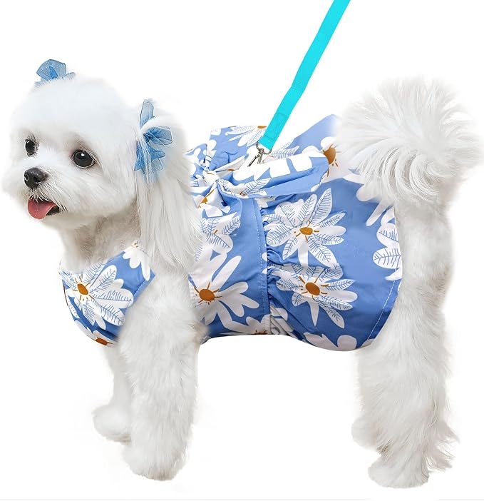 ABRRLO Cute Dog Dress Small Dog Clothes for Girls Female Puppy Outfits Blue Daisy Pet Summer Clothes Bowknot Doggy Cat Princess Dress Harness Set for Holiday Birthday Party Costume Clothing(Blue,XS)