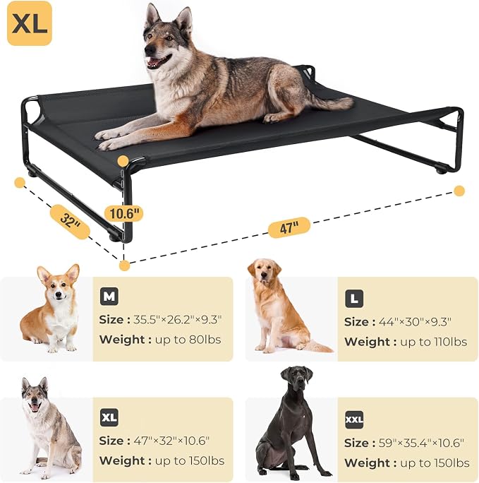 Veehoo Outdoor Elevated Dog Bed, Cooling Raised Dog Beds for Large Dogs | Washable Dog Cot with Headrest Sides, Non-Skid Feet, Breathable Mesh, Cooling Pet Hammock for Indoor or Camping, 47", Black