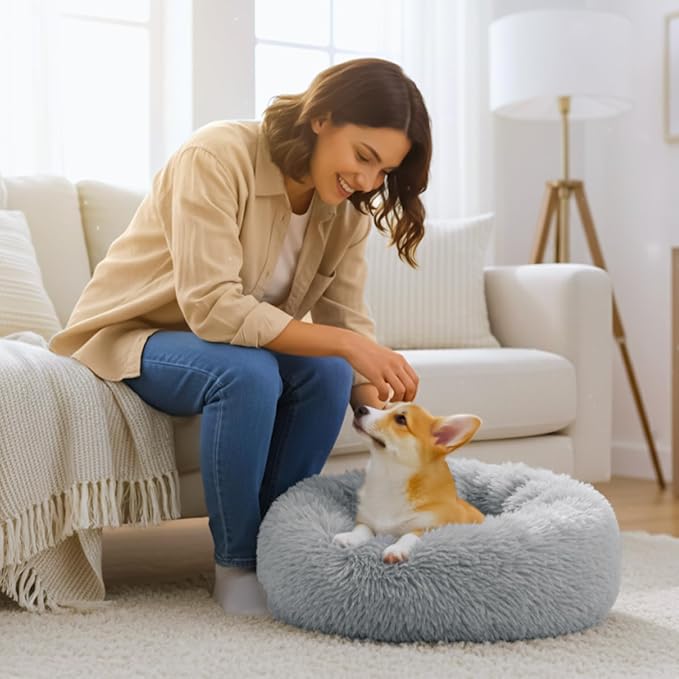 Calming Donut Dog Bed for Small Dogs, Anti-Anxiety Round Washable Plush Fluffy Faux Fur Large Cat Bed, 24 inches Fits up to 25 lbs Pets, Anti-Slip Waterproof Mute Base Gray
