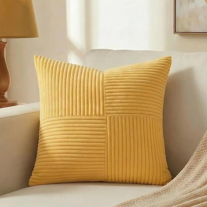 Fancy Homi Yellow Decorative Throw Pillow Covers 20x20 Inch for Living Room Couch Bed Sofa, Rustic Farmhouse Boho Home Decor, Soft Corss Corduroy Patchwork Accent Square Cushion Case 50x50 cm