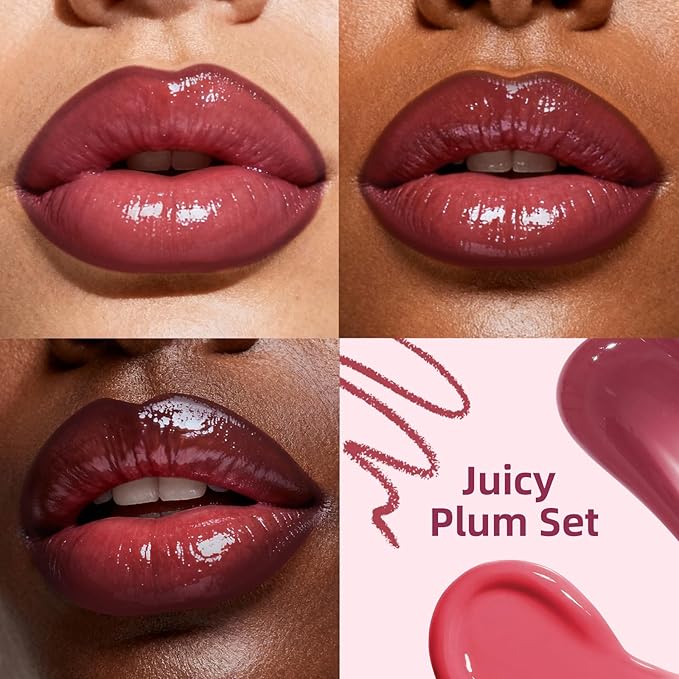 3PCS Lip Combo Set - Matte Lip Liner Pencil + Hydrating Tinted Lip Balm + Juicy Lip Gloss Tint, Non-Sticky, Long-Lasting, High Pigment Lip Makeup Kit (Juicy Plum Set)