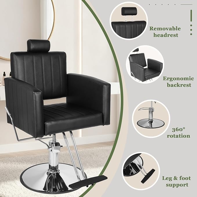 Black Salon Chair for Hair Stylist, Heavy Duty Hydraulic Barber Salon Chair with Vertical Stitch Design, 360° Swivel, Adjustable Height, Ergonomic Reclining Stylist Chairs for Beauty Salon