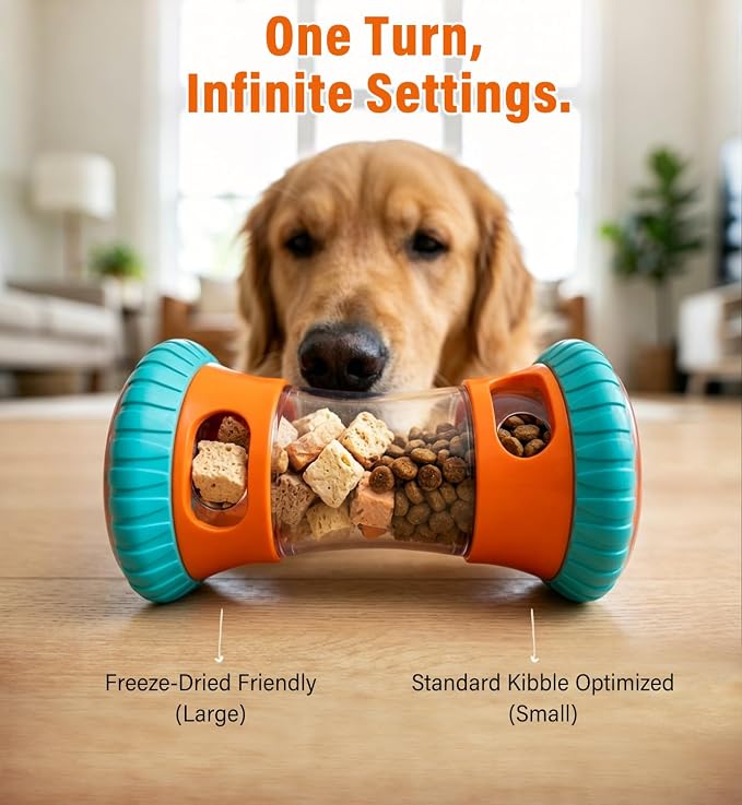 Dog Slow Feeder Toy & Enrichment Puzzle, Interactive Treat Dispenser for All Breeds, Freeze-Dried Compatible Dual Port, Quiet Rubber Wheels, Dishwasher Safe, Boredom & Anxiety Relief
