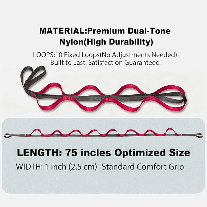 Acozycoo Stretching Strap with Loops,Non-Elastic Yoga Strap for Physical Therapy,Knee Replacement Recovery & Plantar Fasciitis,Leg Stretcher Band for Flexibility & Hamstring Rehab
