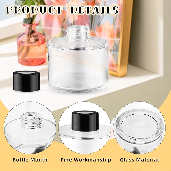 6 Pcs Glass Diffuser Clear Refillable Round Glass Diffuser with Black Lids for Aromatherapy Fragrance DIY Replacement Essential Oils Crafts - 100ml/3.4oz