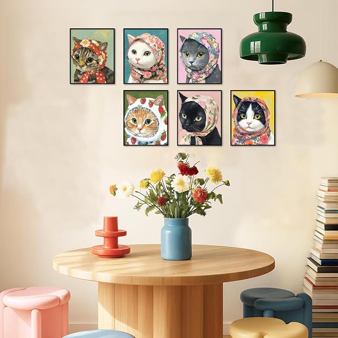 Funny Cat Poster Set of 6, Whimsical Babushka Cats Wall Art Eclectic Lover Cat Pictures Decor, Quirky Animal Pictures Canvas Painting Prints Aesthetic for Bedroom Living Room 8x10 inch Unframed