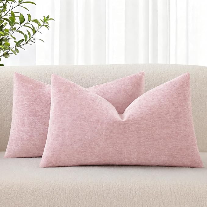 decorUhome Soft Chenille Blush Pink Throw Pillow Covers 12X20 Set of 2 | Decorative Fall Couch Pillow Covers Solid Dyed Accent Modern Farmhouse Neutral Rectangle Pillow Cases for Sofa