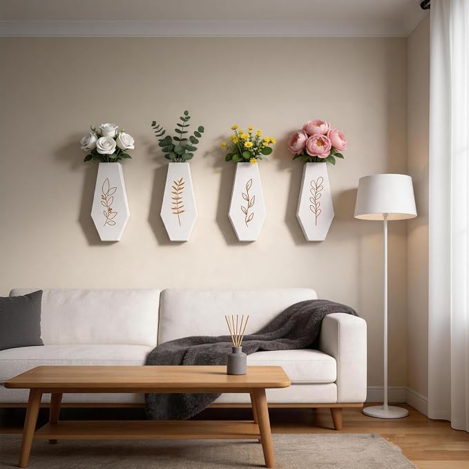 Wood Wall Vase 4 Pack, Modern Farmhouse & Boho Wall Decor Wooden Hanging Planter Set, Minimalist Wall Mounted Vase for Living Room, Entryway, Hallway, Bathroom, Dining Room(White)