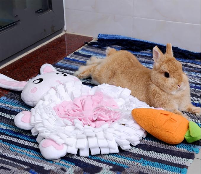 Ferret Cats Snuffle Mat Fleece Foraging Mats Interactive Feeding Toy Small Animal Rabbit Guinea Pig Rat Hamster Anti Slip Treat Dispenser Slow Feeder (Bunny)