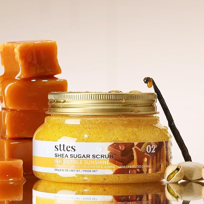 Sttes Smell Rio Shea Sugar Body Scrub 02 (Irresistible Sunshine) – Pistachio & Salted Caramel Scent Shower Treatment 250g