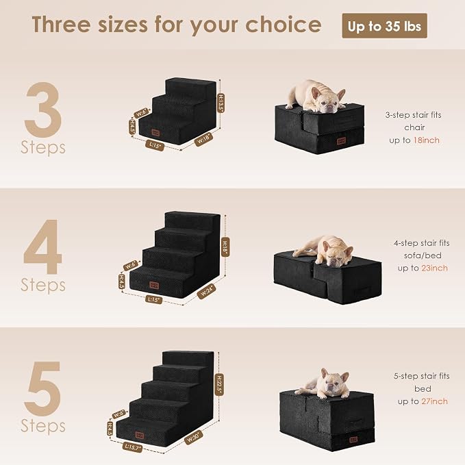 EHEYCIGA Dog Stairs for High Bed 22.5" H, 5-Step Dog Steps, Black | Pet Steps for Small Dogs and Cats for Bed, Non-Slip Balanced Pet Ramp Indoor