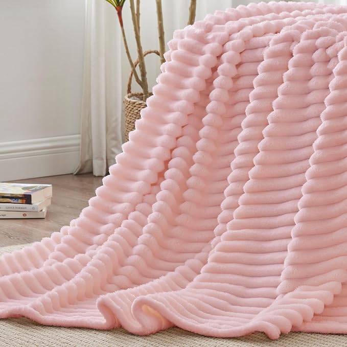 BEDELITE Blankets Queen Size for Bed, 300GSM Soft & Warm Fleece Blanket, Decorative and Giftable Striped Pink Blankets for Women, Men, 90"x90"