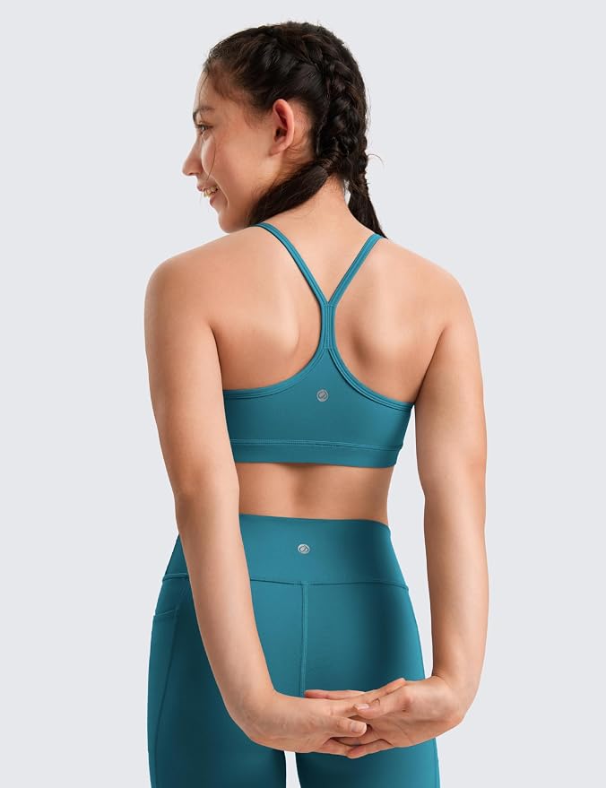 CRZ YOGA Girls Butterluxe Y Back Sports Bra - Yoga Athletic Casual Tops Scoop Neck Spaghetti Strap Padded Crop Kids Teen