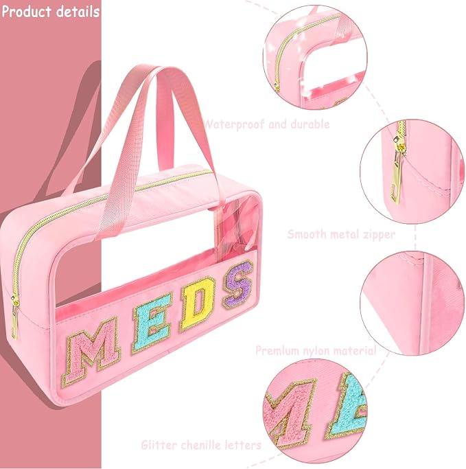 Bunliuys Chenille Letter Clear Makeup Bag Meds Patch, Travel Toiletry Makeup Bag with Handle, Nylon Waterproof Makeup Bags clear cosmetic bag, preppy patch makeup bag for Women (MEDS-Pink)