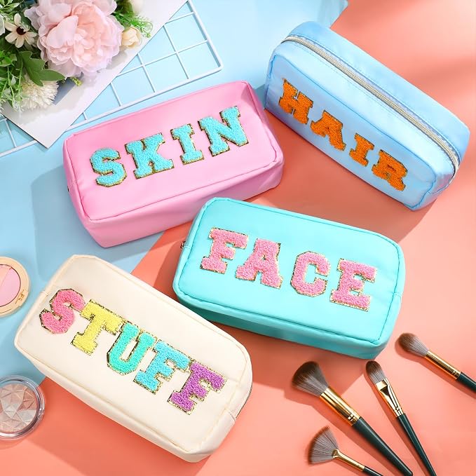 Preppy Makeup Bags Chenille Letter Stuff Bag Nylon Cosmetic Pouch Cases with Zipper for Women Travel Toiletry(Light Color,Vivid,4 Pcs)