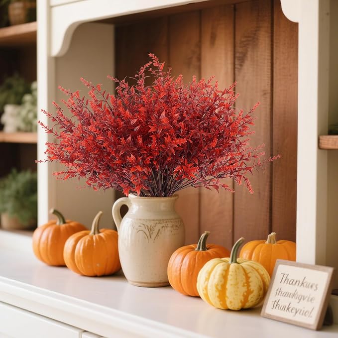 RECUTMS Artificial Greenery for Outdoors Lavender Fall Fake Plants Burgundy | 8Pcs,Fake Flowers Outside UV Resistant Faux Greenery Artificial Plants Faux Flowers for Fall Wedding Yard Window Autumn Decor