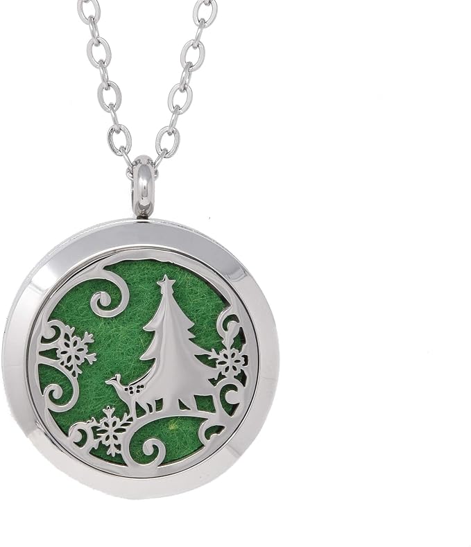 Aromatherapy Essential Oil Diffuser Stainless Steel 30 MM Silver Magnetic Locket Pendant 2 Sizes Chain Necklace, Refill Pads & Diffuser Bracelet in a Velvet Bag (Christmas Tree Deer)