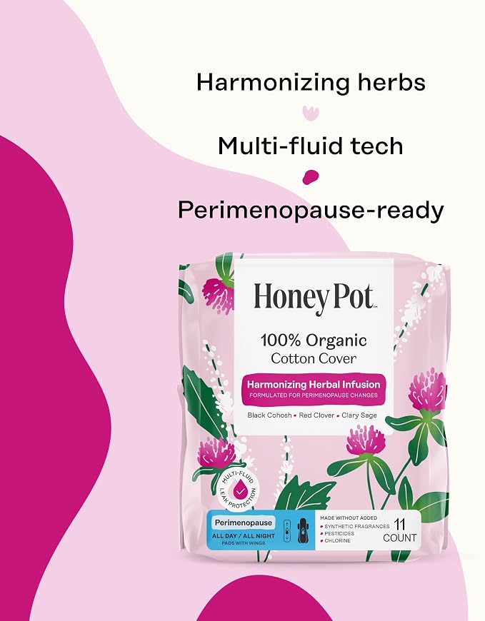 Honey Pot - Perimenopause All Day All Night Pads for Women - 100% Organic Cotton Top Sheet - Feminine Care - Multi-Fluid Absorbency - Harmonizing Herbs of Black Cohosh, Clary Sage, & Red Clover - 44ct