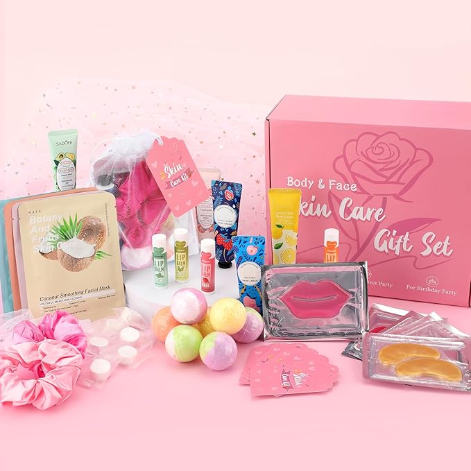 120PCS Spa Party Supplies for Girls, Include Facial Masks, Lip Mask, Under Eye Patches, Lip Balm, Foot Bath Bombs, Hand Cream, Compressed Towel, Hair Band, Sleepover Party Supplies for Girls