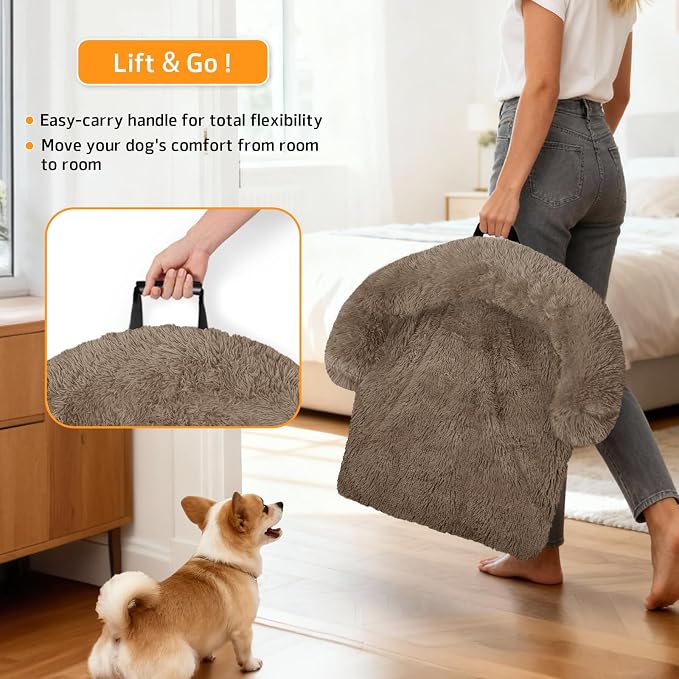 Calming Dog Bed Fluffy Plush Dog Mat for Furniture Protector with Removable Washable Cover for Large Medium Small Dogs and Cats (Small(35x31x5), Camel)