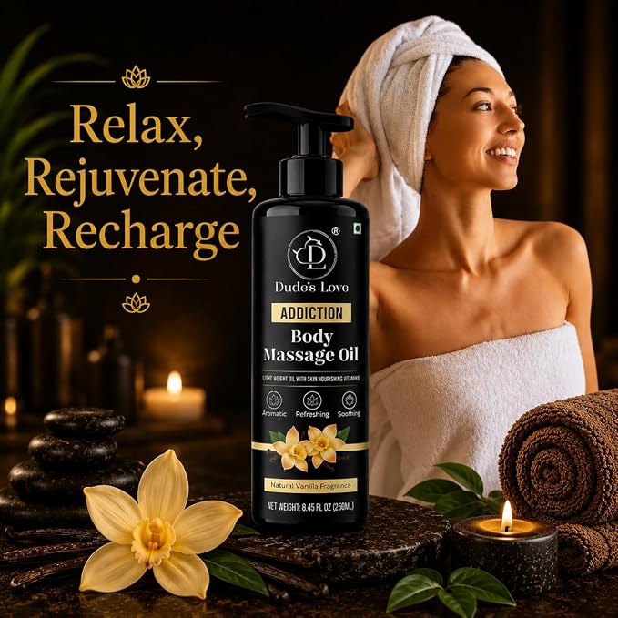Organic - Vanilla Full Body Massage Oil - No Stain & Non-Sticky | with Fractionated Coconut Oil, Vanilla & Jasmin Oil | for Massage Therapy - 8.45 Fl Oz