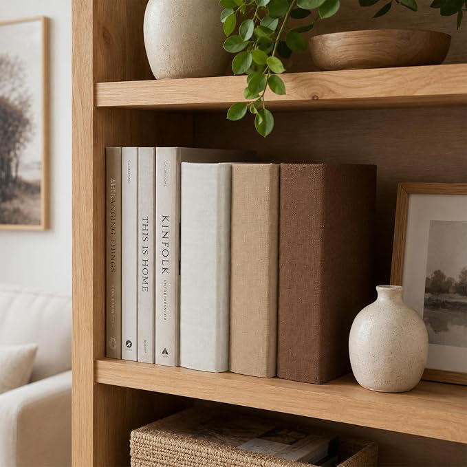 Decorative Linen Faux Book Storage Box Neutral Decorative Book Accent,8" | Vintage book style, faux linen texture, hidden storage, shelf decoration, farmhouse home decor, office organization