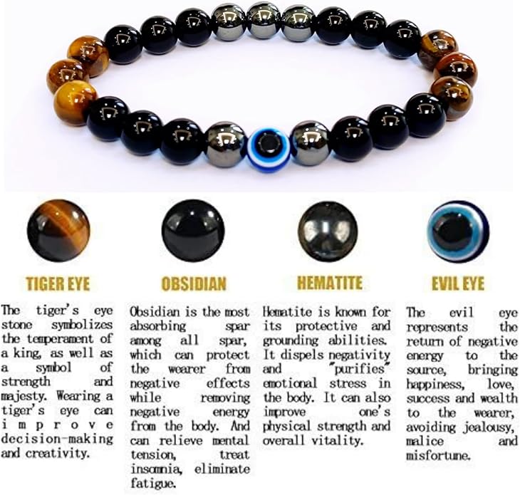 Evil Eye with Hematite Black Obsidian Tiger Eye Stone Triple Protection Bracelets for Men Women, Crystal Healing Stone Bracelet Bring Luck Prosperity and Happiness Jewelry