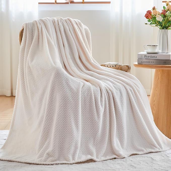 NEWCOSPLAY Fleece Leaves Pattern Twin Blanket, Ivory, 60"x80" | Super Soft Throw Blanket, Lightweight Cozy Bed Sofa Blanket, Premium Silky Flannel Fleece, Travel Blanket for All Season Use