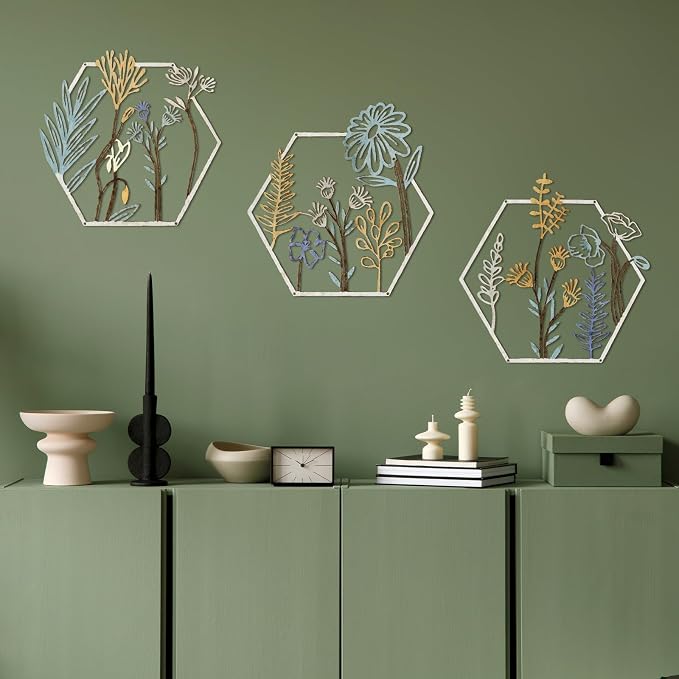 Peryiter 3 Pcs Metal Flower Wall Decor Minimalist Floral Wall Hanging Decor Floral Metal Rustic Flower Art for Summer Living Room Bathroom Kitchen Indoor Outdoor(Beige Gold)