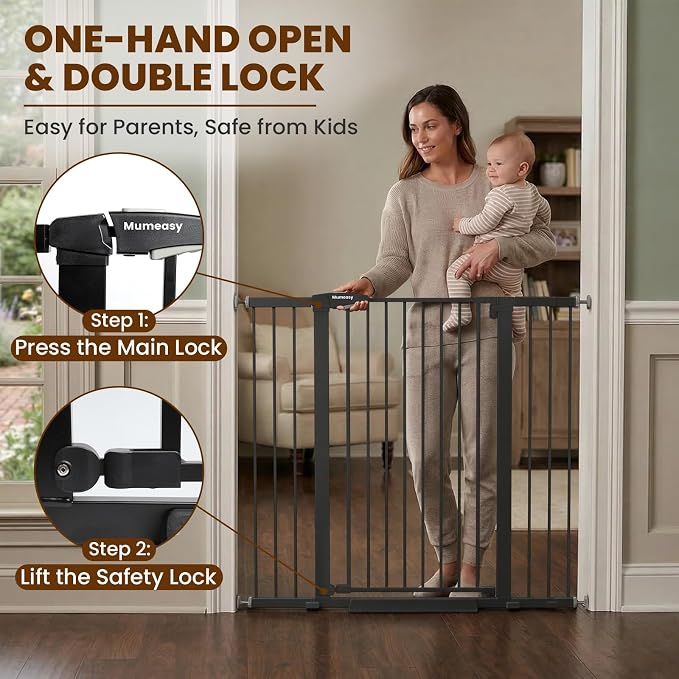 Mumeasy 36" Extra Tall Baby Gate for Stairs, 29.7-48" Wide Dog Gate for Doorways, Walk Thru Pet Safety Gate for Indoor, Pressure Mounted with Auto Close, Easy Install No Drill for Toddlers, Black