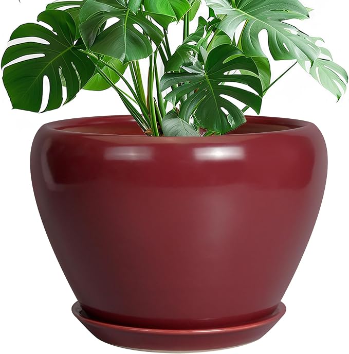 Ceramicfor 10 Inch Plant Pot - Ceramic Planter Pot with Drainage Hole and Saucer Large Planter for Indoor Plants Round Outdoor Flower Pot Mid-Century Decor Red