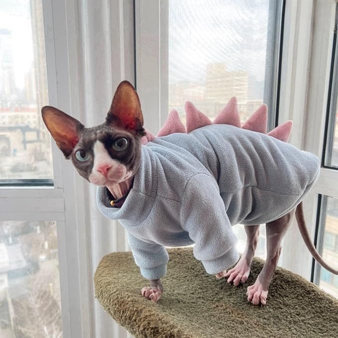 Sky Blue Dinosaur Sphynx Cat Clothes Sweater Hairless Cat Apparel | Soft, Elastic, Warm Polar Fleece,Winter Warm Outfit, Cute Dinosaur
