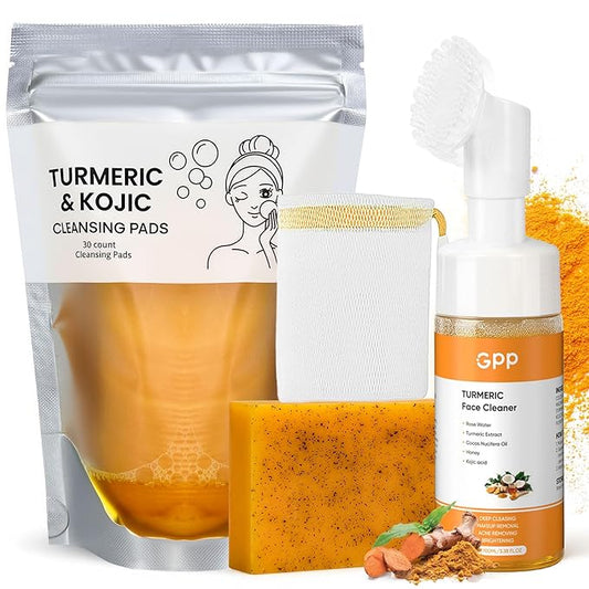 Turmeric Soap & Turmeric Face Wash & Cleansing Pads 30pcs Skin Care Set, Glow Turmeric for Face & Body, Lemon Tumeric Soap, Facial Cleanser Foam for Daily Cleansing, Turmeric Wash and Care 3 Piece Set