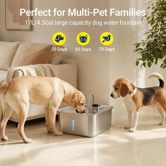 4.5Gal/17L Pet Water Fountain, Stainless Steel Dog Water Bowl Dispenser with Visible Window & Wide Drinking Area, Large Capacity Dog Fountain for Multi-Pet Home