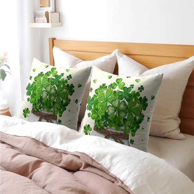 Kawani St Patricks Day Pillow Covers 16x16 Inch Set of 2 Green Shamrock Lucky Clover Mason Jar Pillowcase Cotton Linen Square Cushion Case Decoration for Home Couch Sofa Bed Living Room